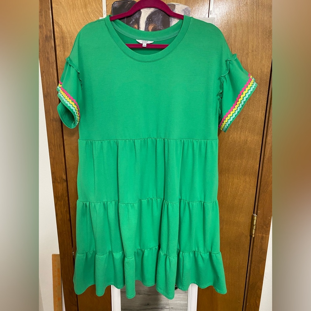 Crown & Ivy Bright Green Tiered Dress with Colorful Trim